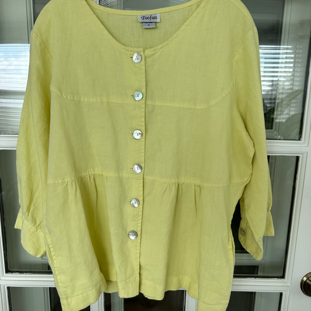 Toofan Lemon Yellow Button-Front Peplum Linen Top - Women